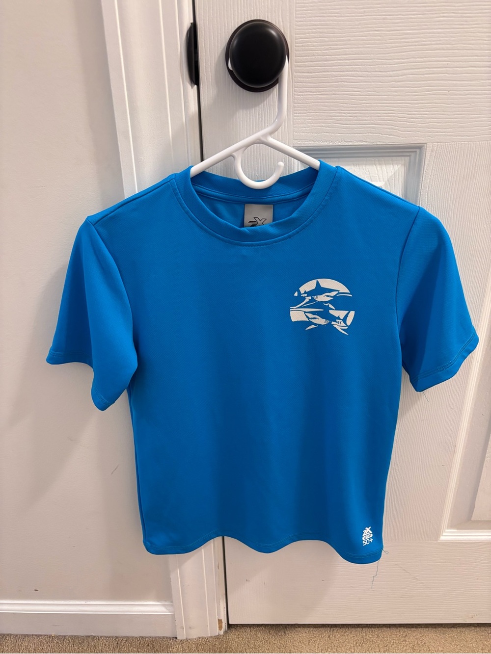 ZeroXposur Bright Blue Kids Rashguard with White Shark Motif - boys 10/12
